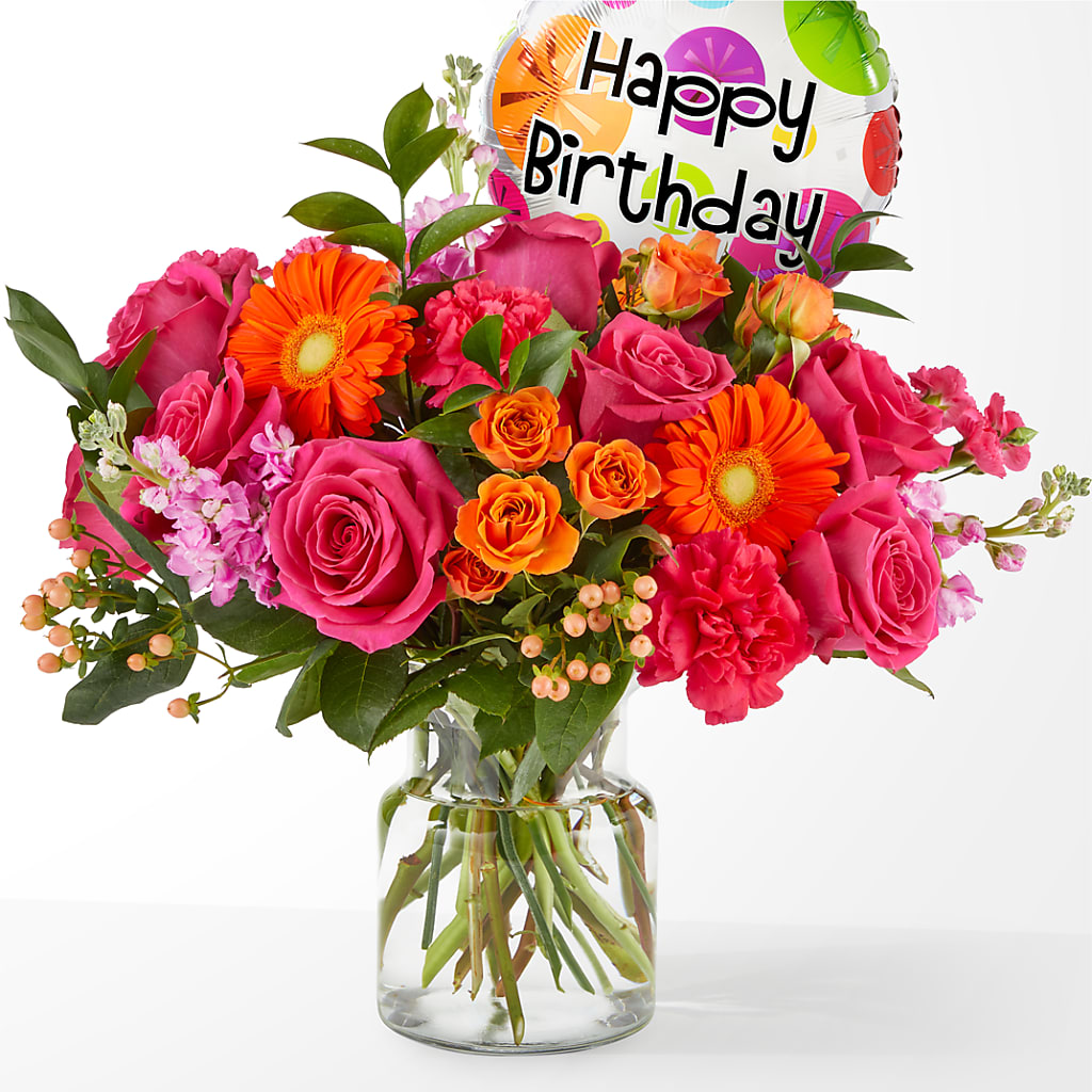 Fiesta Bouquet with Birthday Balloon – Savannah Flower Market, Savannah GA