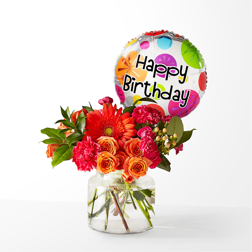 Fiesta Bouquet with Birthday Balloon – Savannah Flower Market, Savannah GA