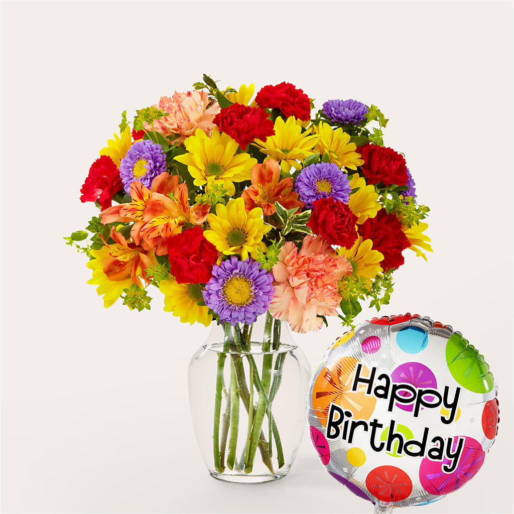 Kaleidoscope Bouquet with Birthday Balloon – Savannah Flower Market, Savannah GA
