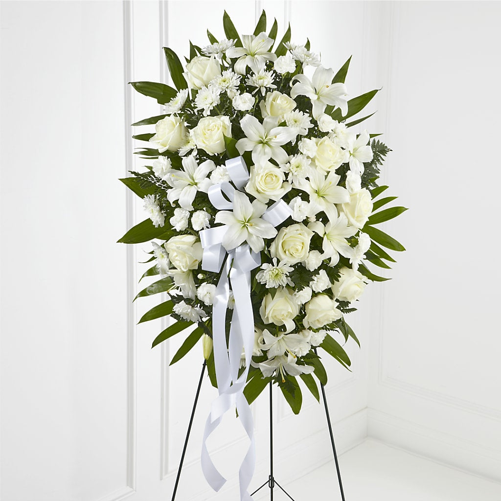 Exquisite Tribute Standing Spray-White Ribbon – Savannah Flower Market, Savannah GA