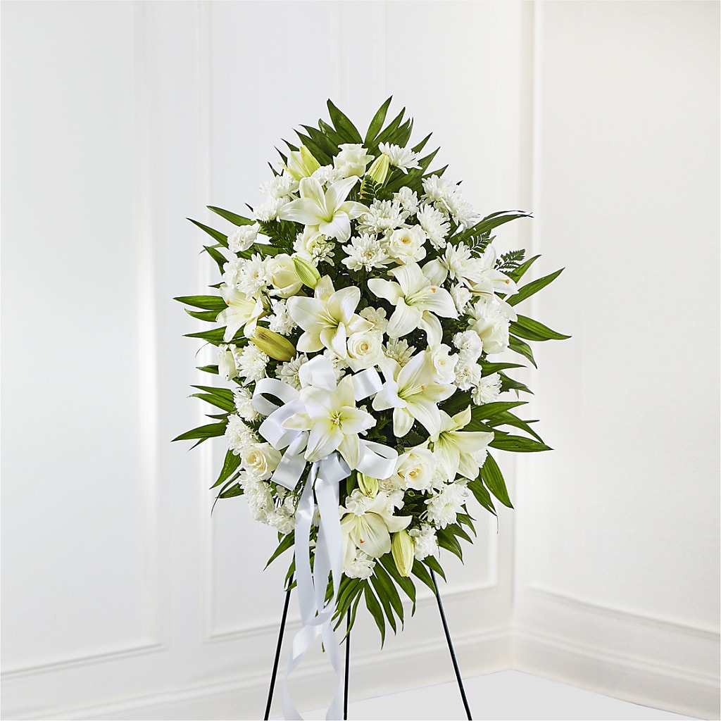Exquisite Tribute Standing Spray-White Ribbon – Savannah Flower Market, Savannah GA