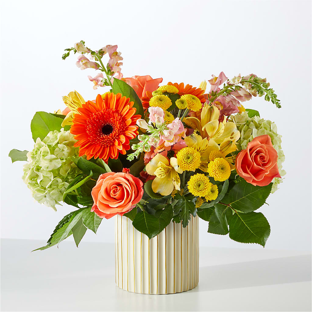 Autumn Sunshine Bouquet with Ivory Vase – Savannah Flower Market, Savannah GA