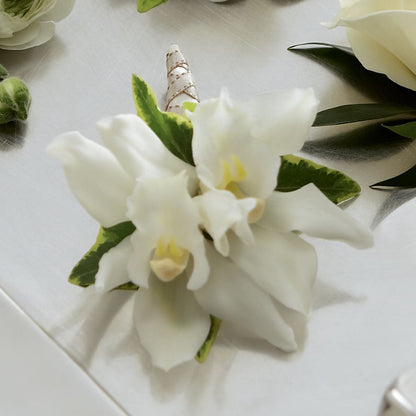 White Mini Cymbidium Boutonniere –  Savannah Flower Market, Savannah GA